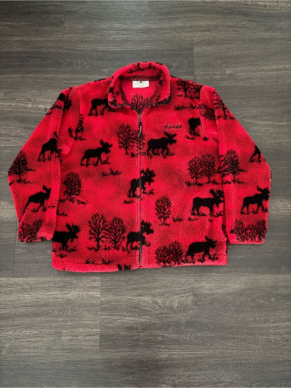 Vintage Black Mountain Moose AOP Red Zip Up Fleece Jacket Pockets Medium USA